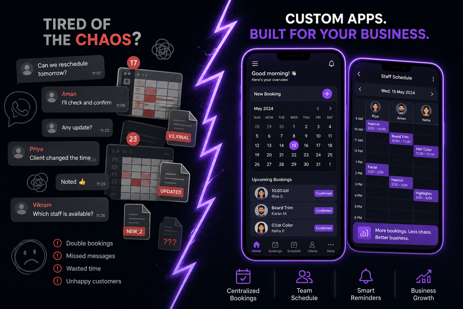 WhatsApp and spreadsheet chaos versus a clean violet booking and calendar app